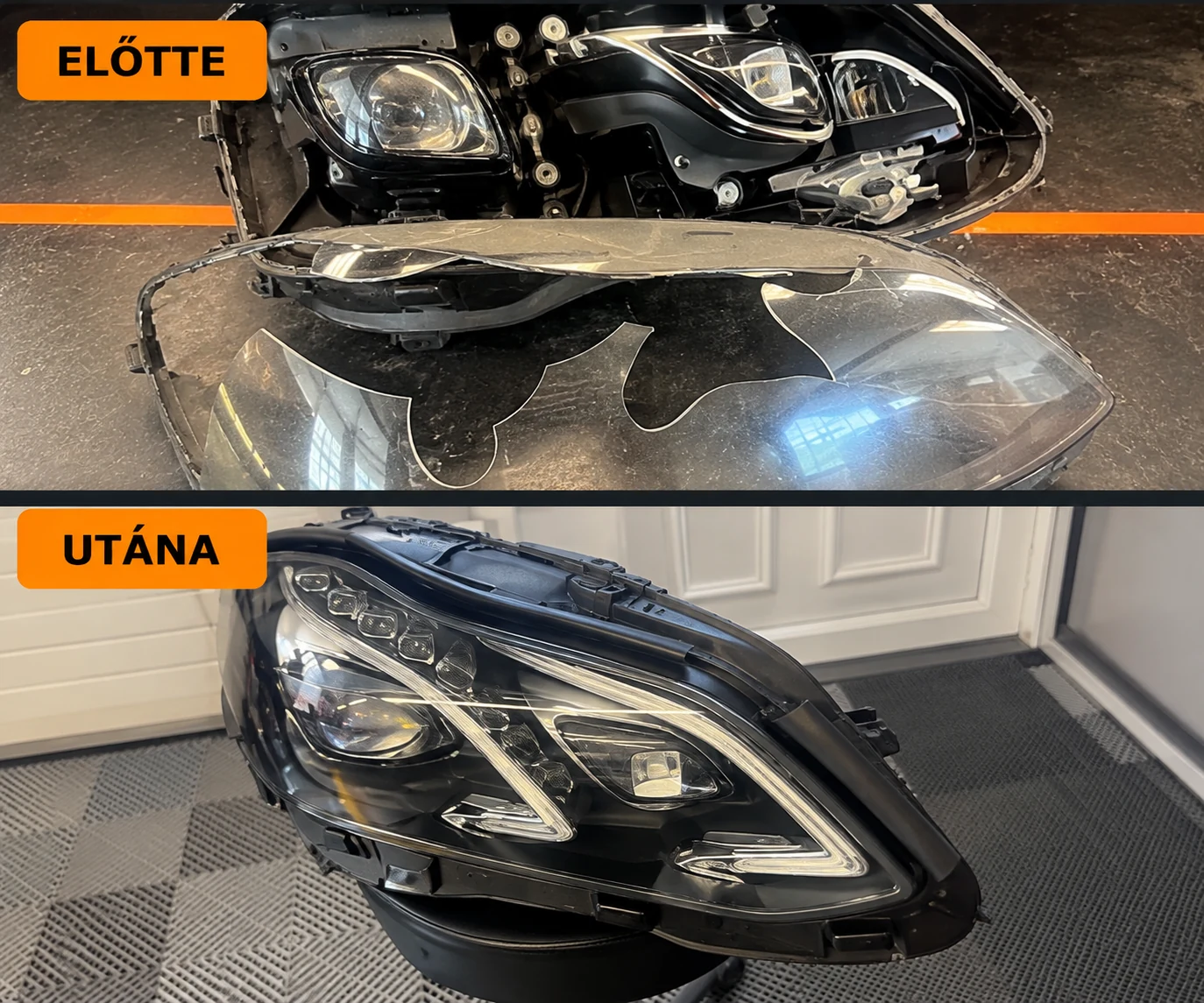 Mercedes E-osztály sérült fényszórója búracsere előtt és után